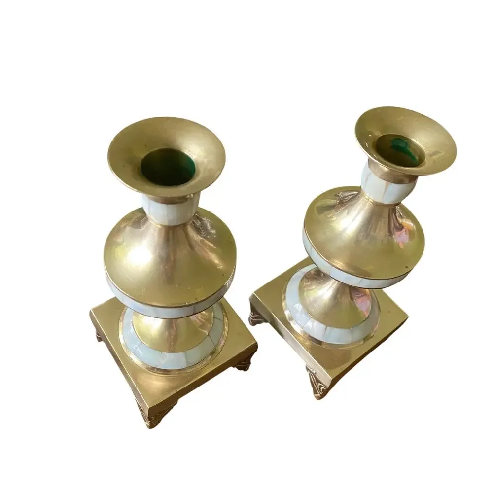 Set of TWO Heavy Brass Candlestick Holders Adorned with Mother of Pearl Shells